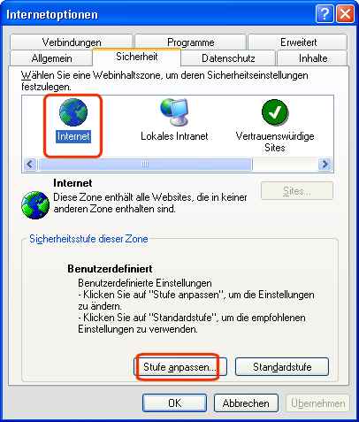 Registerkarte Sicherheit