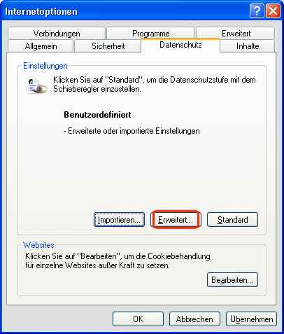 Registerkarte Datenschutz
