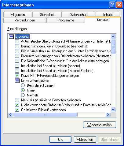 Registerkarte Erweitert