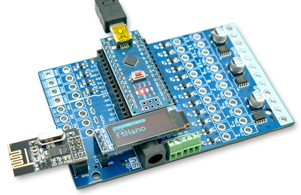 ftNano Board v1.0: Arduino Nano für Fischertechnik mit aufgestecktem OLED und WLAN-Modul ftNano Board v1.0: Arduino Nano für Fischertechnik mit aufgestecktem OLED und WLAN-Modul