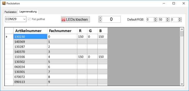 Zuordnung Artikelnummer und LED