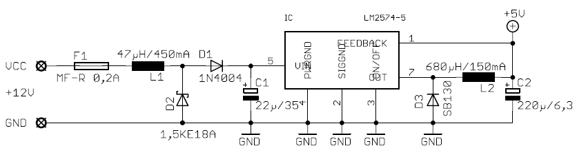 LM2574: Step-Down Schaltnetzteil fr kleine Lasten (mit Strsignalunterdrckung im Fahrzeug)